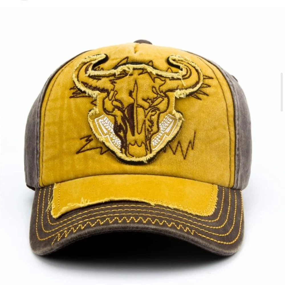 Vintage Yellow and Gray Cap with Longhorn Bull Skull Design